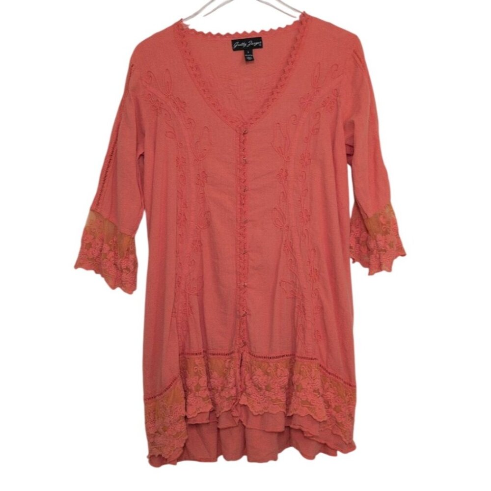 Gretty Zueger Embroidered Floral Tunic Womens Size Large Coral V Neck Lace Trim